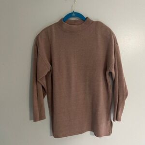 Vintage Style New York Mock Neck Ribbed Sweater Mauve Brown Size L Side Slits